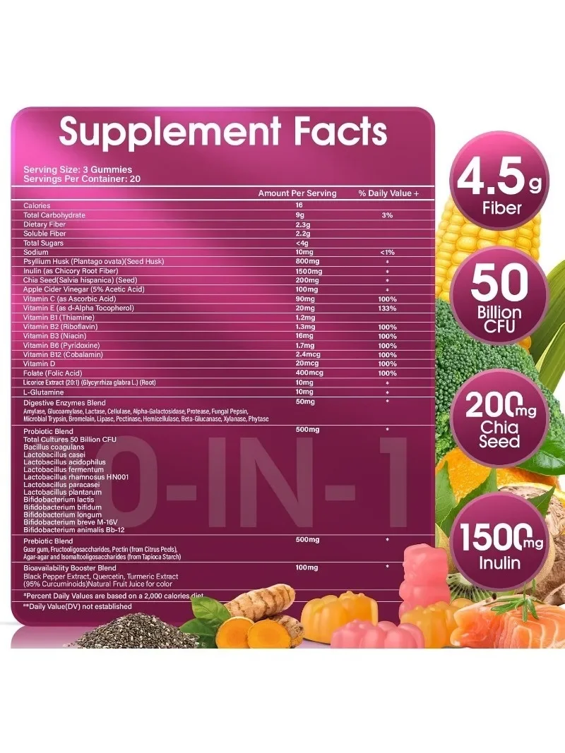 Adult Fiber Gummies, Probiotic and Prebiotic Supplements, Containing Inulin, Psyllium, Intestinal and Digestive Health Support