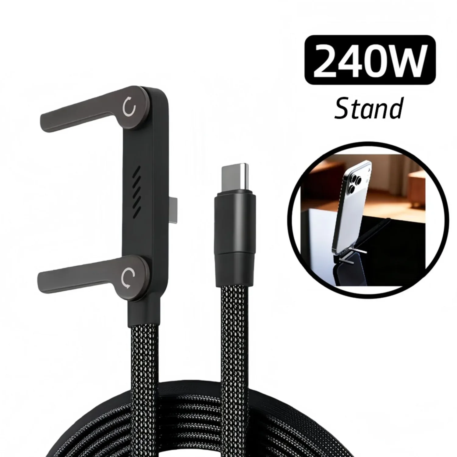 1pcs Foldable 240W/65W USB C Cable Braided Fast Charging Phone Holder PD Type C Cable For iPhone 15-17 Samsung Xiaomi