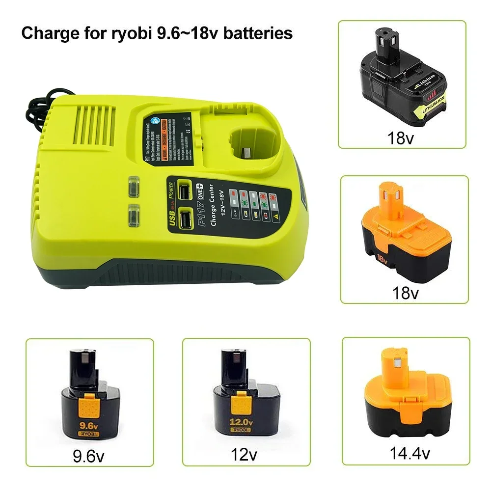 Ni-Cad Ni-Mh Li-ion 9.6V 12V 14.4V 18V MAX Battery Charger for Ryobi P100 P102 P108 RB18L40 P117 One Plus + 2 USB Ports  EU Plug