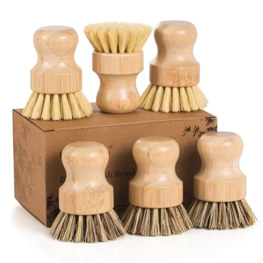 6 Pack Bamboo Dish Brush Set with Palm and Sisal Bristles Nautral Dish Scrubber for Fruit Vegetables Cleaning, Kitchen Scrub Br