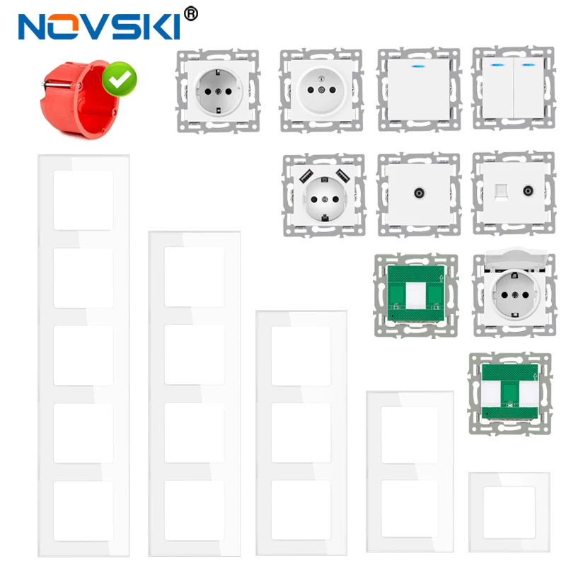 Novski Sakelar Lampu Panel Kaca Tangguh, Colokan Dinding Eropa dan Prancis, USB, TV, RJ45, RJ11, Modul Sakelar Sensor DIY Putih