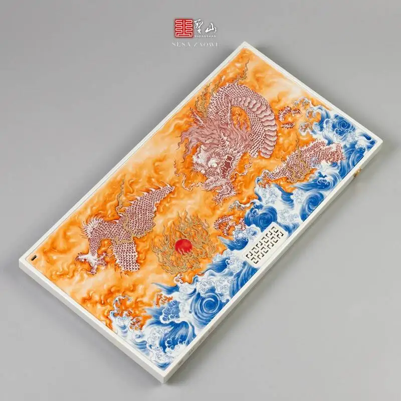 

Hand-Painted Ceramic Tea Tray From Jingdezhen With Flame-Red Dragon Pattern, Suitable For Both Dry And Wet Use