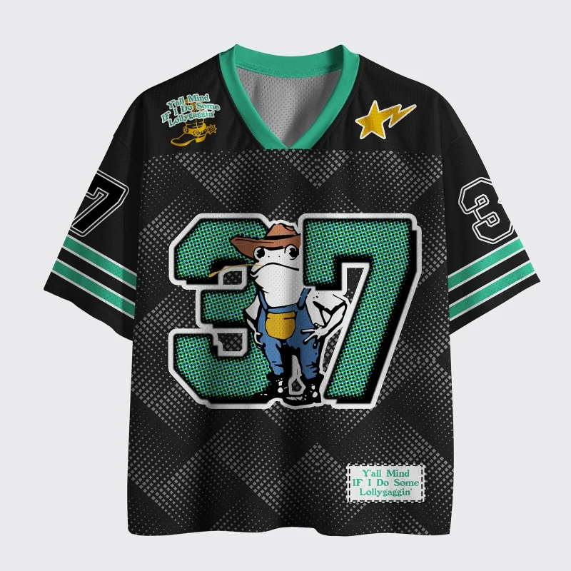 Unisex Y'all Mind If I Do Some Lollygaggin Cowboy Frog Football Jersey Funny Meme Green Number 37 V-Neck Short Sleeve Sports Tee