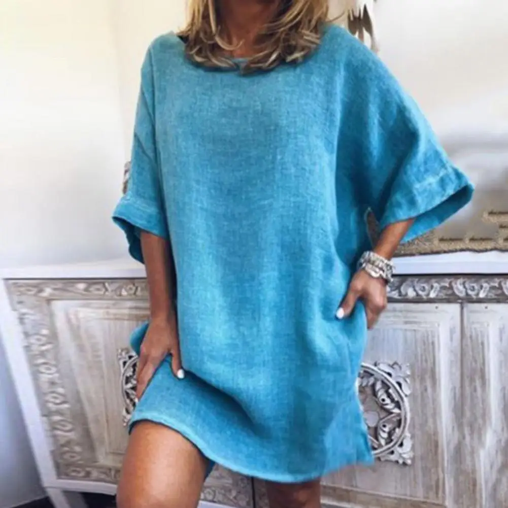 

Casual Dress Loose Fit Split Hem Mid-long Sleeves No Shrinkage Casual Cotton Linen Summer Hem Open Dress Female Clothing