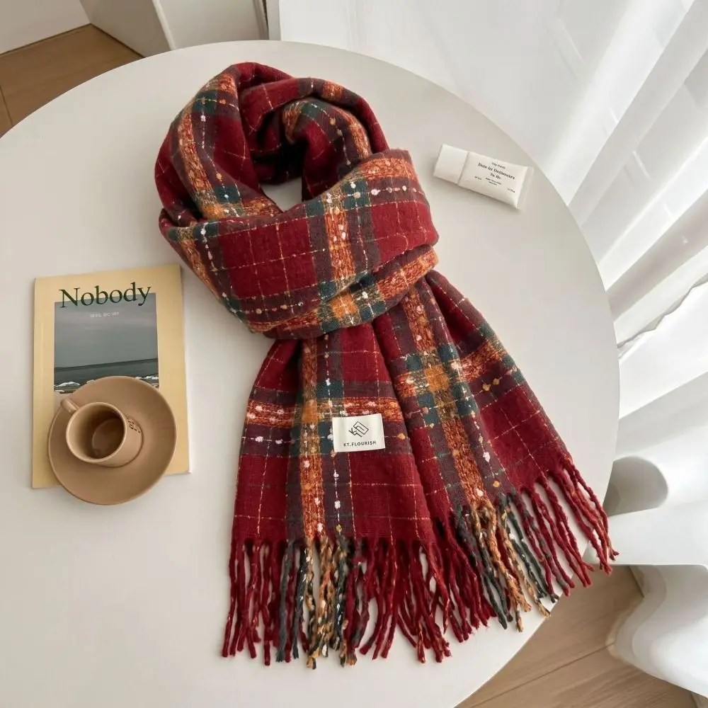 Fashionable Warm Plaid Faux Cashmere Scarf 200cm x 63cm Oversized Polyester Thick Scarf Fall Winter Tassel Scarf Couple