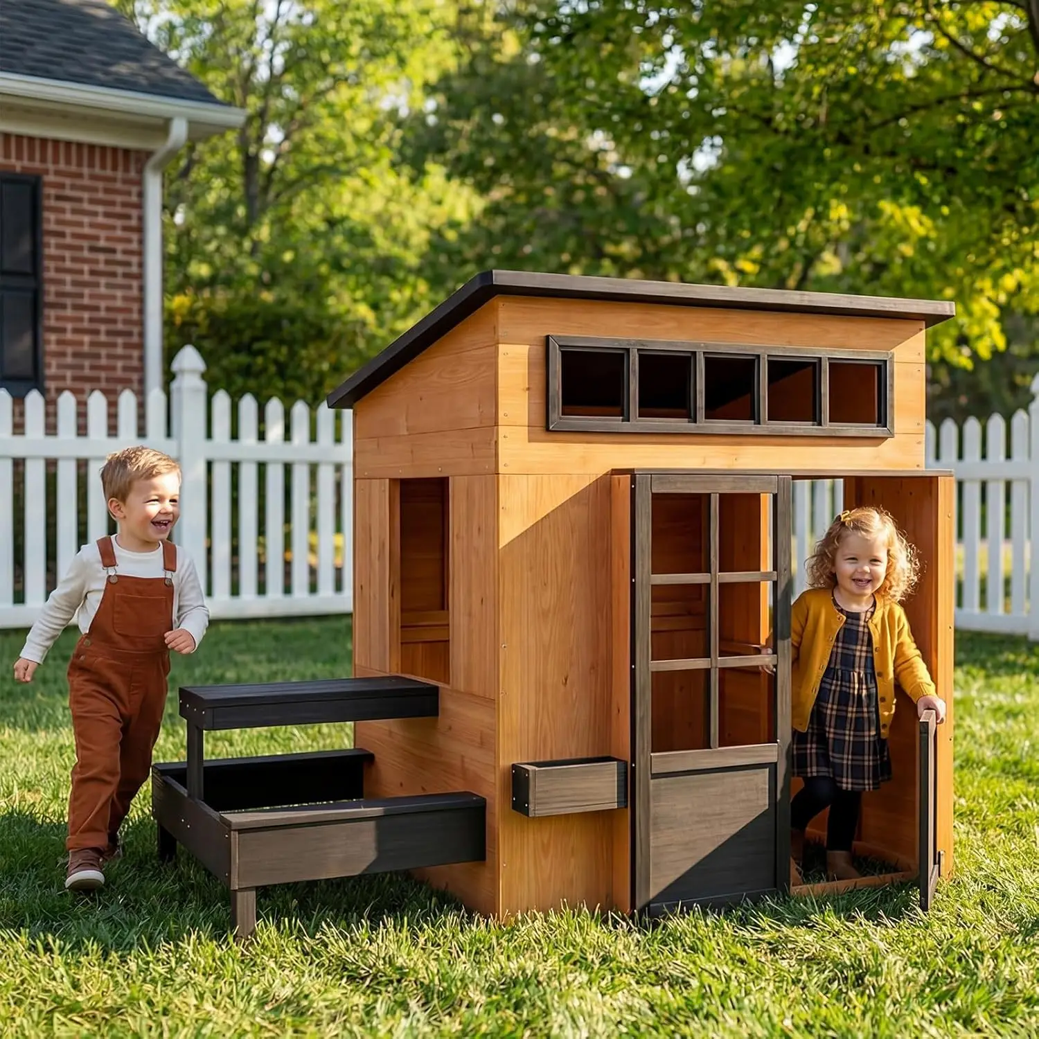 

Fir Wooden Kids Playhouse with Kitchen Table Chalkboard Half Door Windows Flower Box Indoor Outdoor Play Ages 3-8, Customized