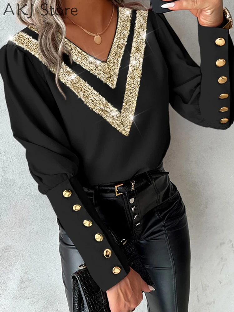 

Women Sequin Buttoned V-Neck Blouses