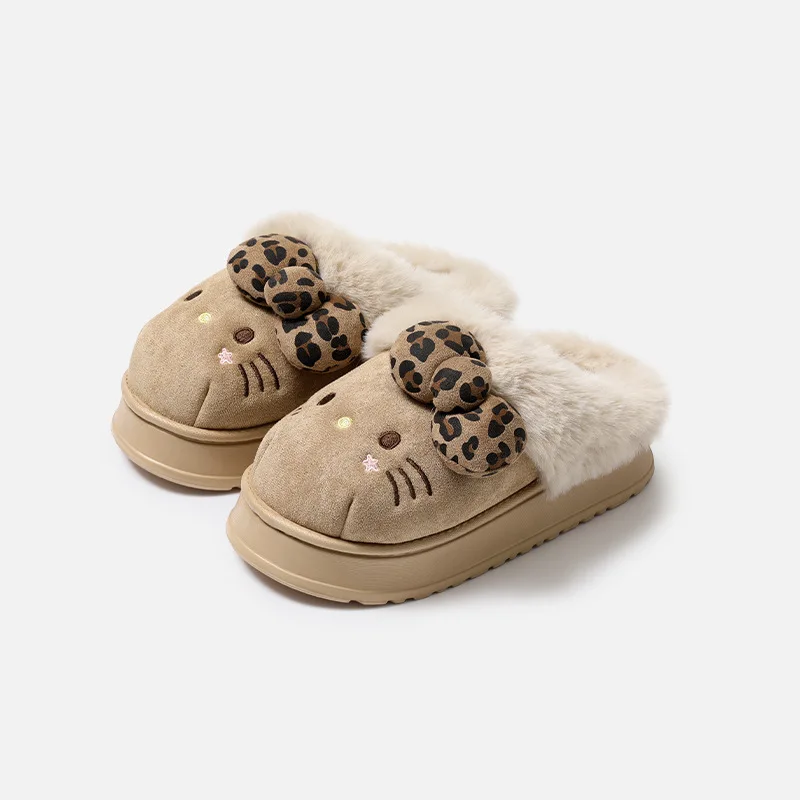 Y2K Leopard Bow Hello Kitty Platform Slippers Women Furry Fleece Lined Warm Winter House Shoes Cute 3D Cartoon Kitty Face Plush