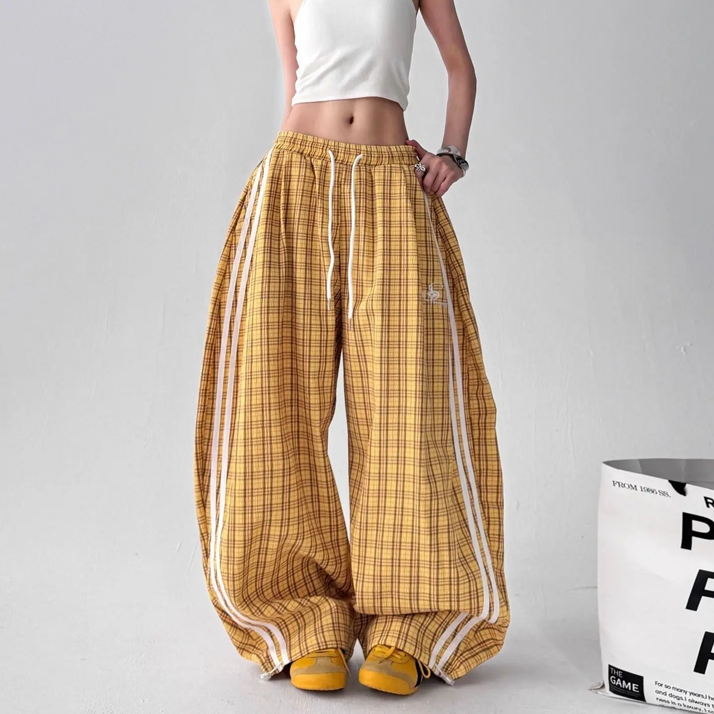 Vintage Striped Splicing Plaid Scimitar Casual  Women's Men's and Women's Lazy Loose Wide Leg Jazz Dance Pants