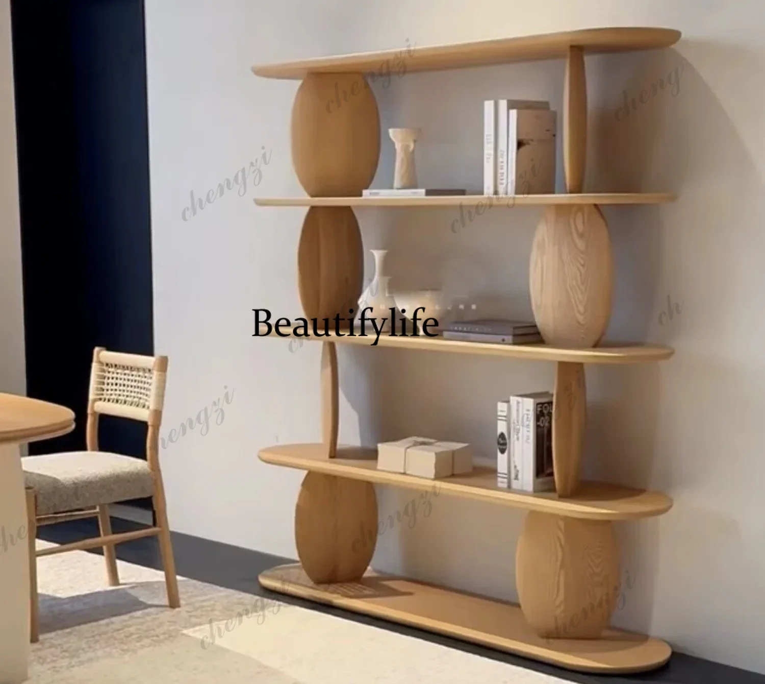 Medieval French solid wood oak cream wind bookshelf against the wall simple decorative storage rack designer art locker