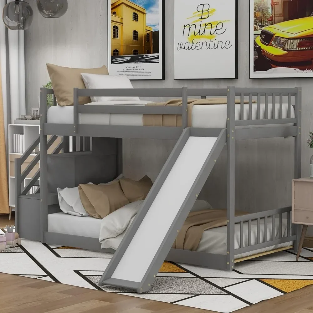 Twin Over Twin Low Bunk Bed with Convertible Slide Kids Montessori Floor Bunk Bed with Stairs, Gray 92.8"L x 42.3"W x 50.6"H