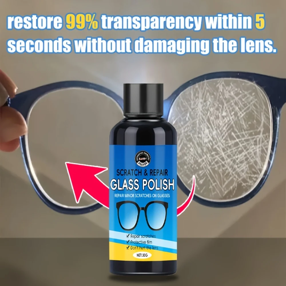Fast Glass Scratch Remover - 30G Repair Solution for Glasses, Metal, Ceramic, Plastic & Acrylic - Instant Clarity Restorer