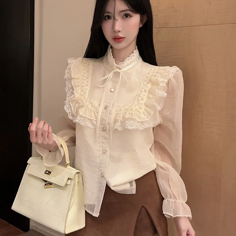 Retro Koronkowy Wykończenie Damska Długa Bluzka Jesienno-Zimowa Koreańska Modna Elegancka Wysokiej Jakości Luźna Francuska Bluzka...