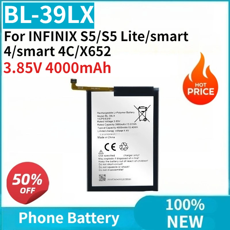 

High Quality New BL-39LX 3.85V 4000mAh Mobile Phone Battery for INFINIX S5/S5 Lite/smart 4/smart 4C/X652 Replaceable Battery