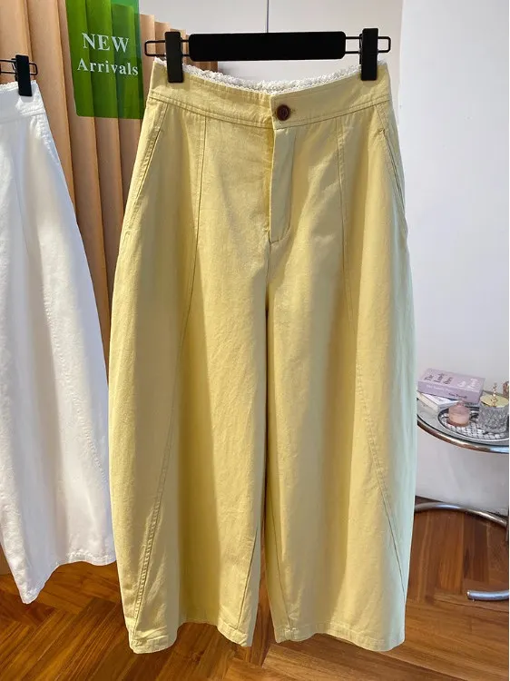 

Желтые брюки из воздушных шаров, свободные повседневные брюки, женские модные универсальные свободные летние брюки с высокой талией, девять очков