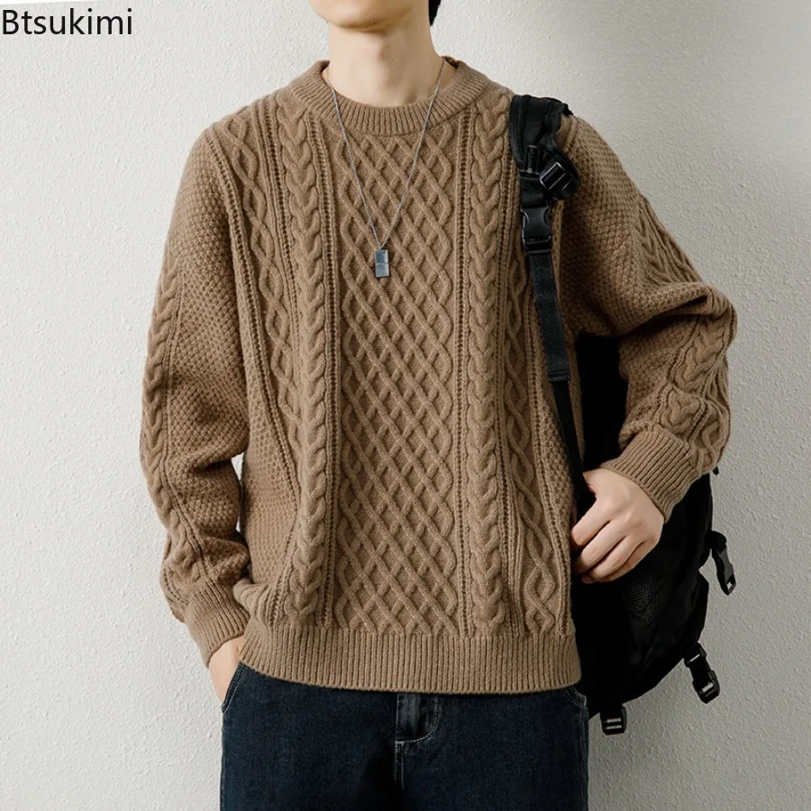 

Autumn Winter Men Sweater Vintage O Neck Solid Color Mens Knitted Pullovers Loose Harajuku Mens Retro Knitting Pullover Sweaters