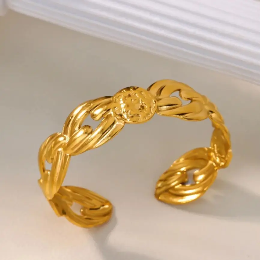 Stainless Steel Cuff Bracelet for Women Open Design with Intricate Woven Pattern Flower Accent Durable Rust-Resistant Jewelry