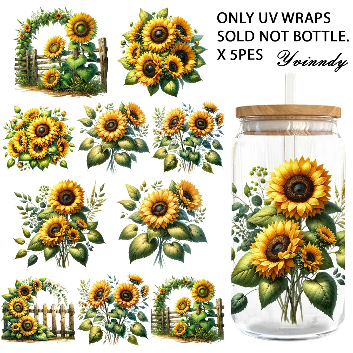 5 Stück/Set 16OZ UV DTF DIY-Transferpapier – Sunflower UV DTF wasserfester Film, DIY-Enthusiasten (ohne Wasserbecher)