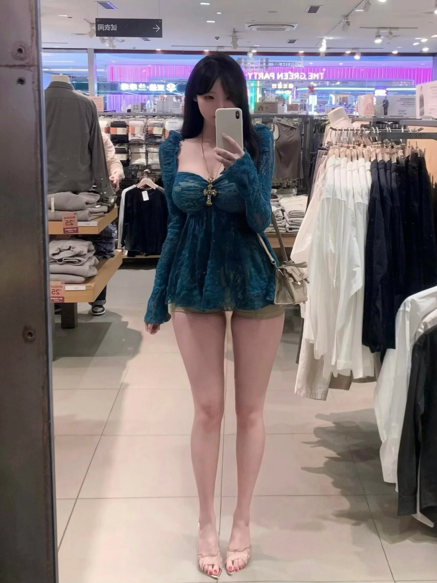 

Blue Lace Long Sleeve Shirt Women's Fashion Early Spring Design Slimming Sexy Inner Wear Polyester Fiber Breathable Casual Top