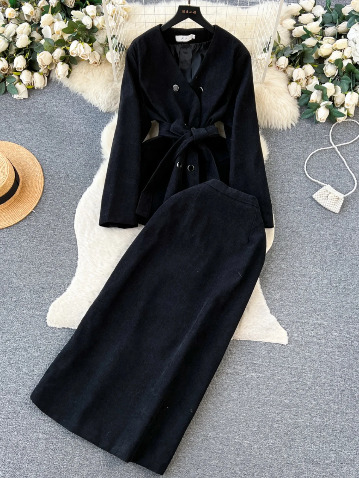 

Ele Lady Faion Set High Waist Skirt And Waist-Cinching Suit Jaet Double-breasted High-end Aosphere Women's Wear