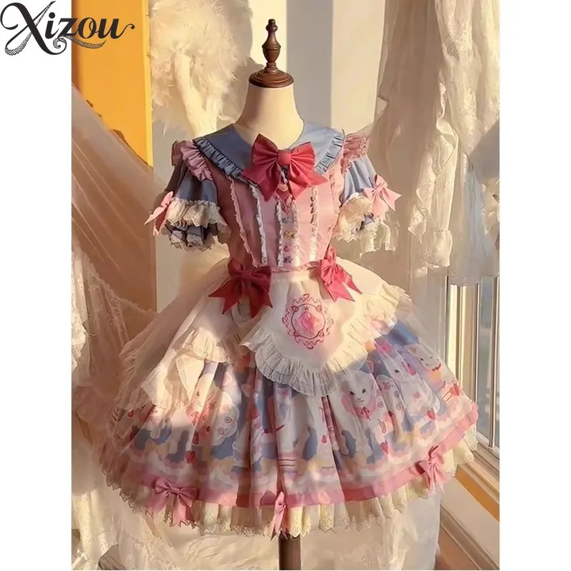 2025 Blu Rosa Lolita OP Abito Grembiule Colletto finto Fiocco Bambola Torta da principessa Stampa cartone animato Vita alta Puffy Festa di compleanno Estate