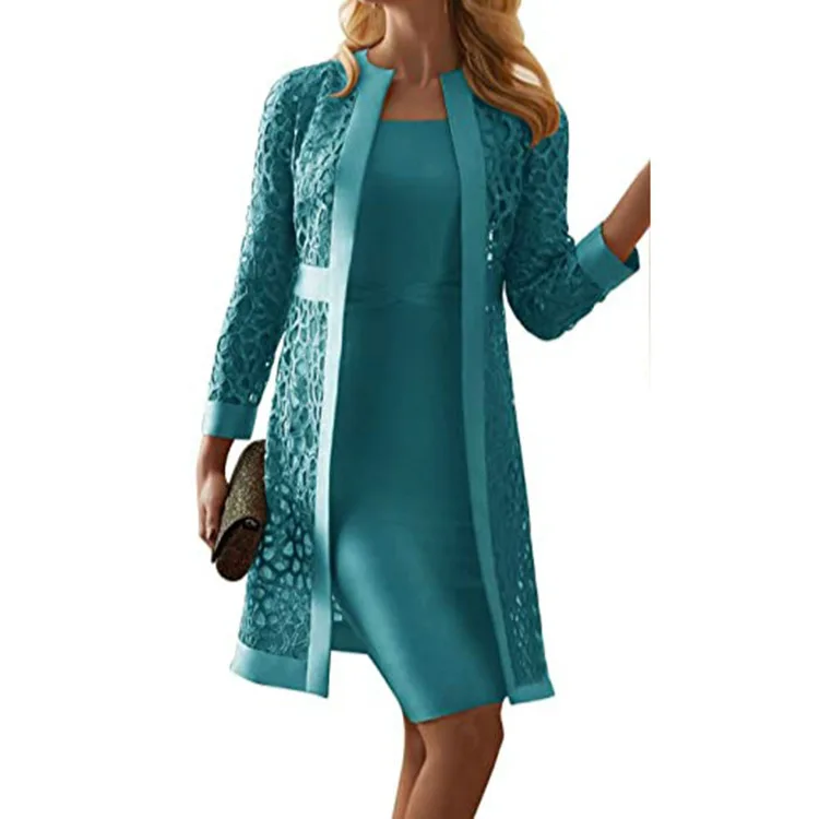 2024 moda 2 pezzi abito Cardigan in pizzo tinta unita da donna scava fuori Cardigan cappotto giacche eleganti Mini abiti da festa da donna