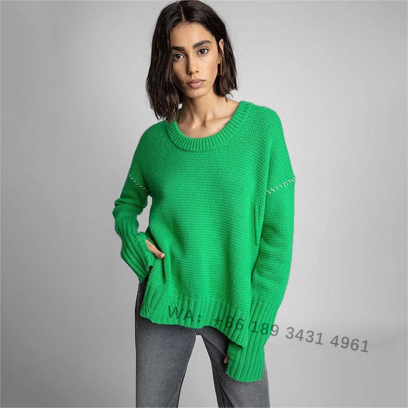 Zadig suéter de inverno feminino moda verde bordado casual malhas jumpers feminino gola redonda manga comprida suéter de caxemira tops