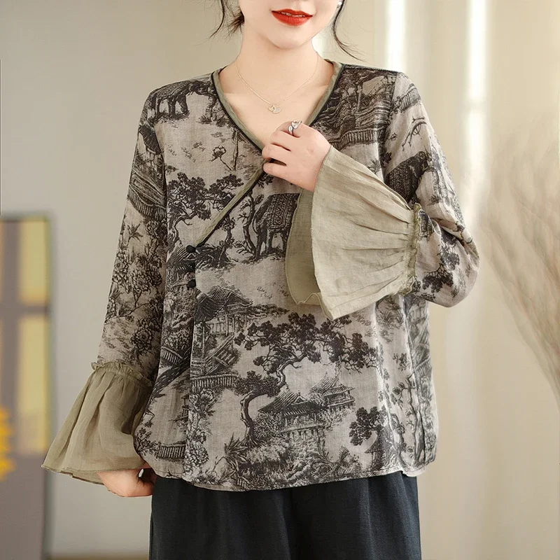 

2024 New Arrival Summer Women Casual Vintage Print Patchwork Flare Sleeve V-neck Blouse Nine Quarter Sleeve Shirts S56