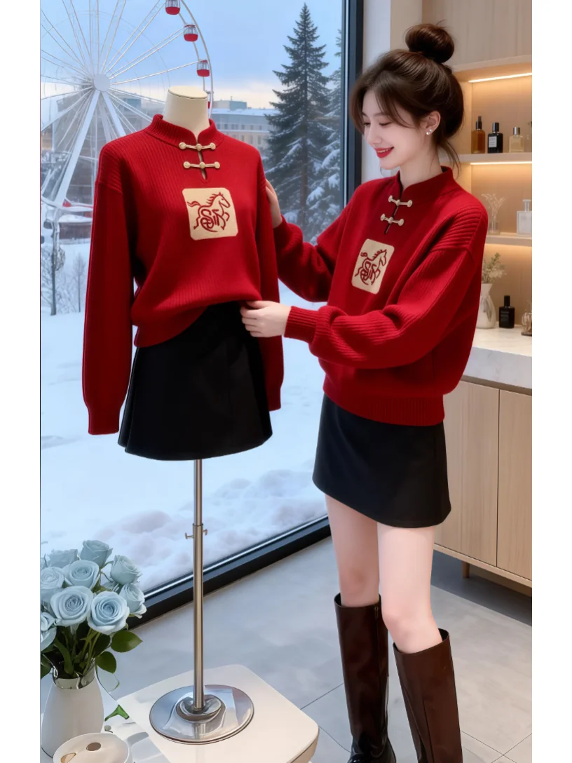 

Red Chinese Zodiac ort Knitted Sweater Stand Collar Traditional Sle Women's Faion Spring New Arrival Warmth Comfortable...