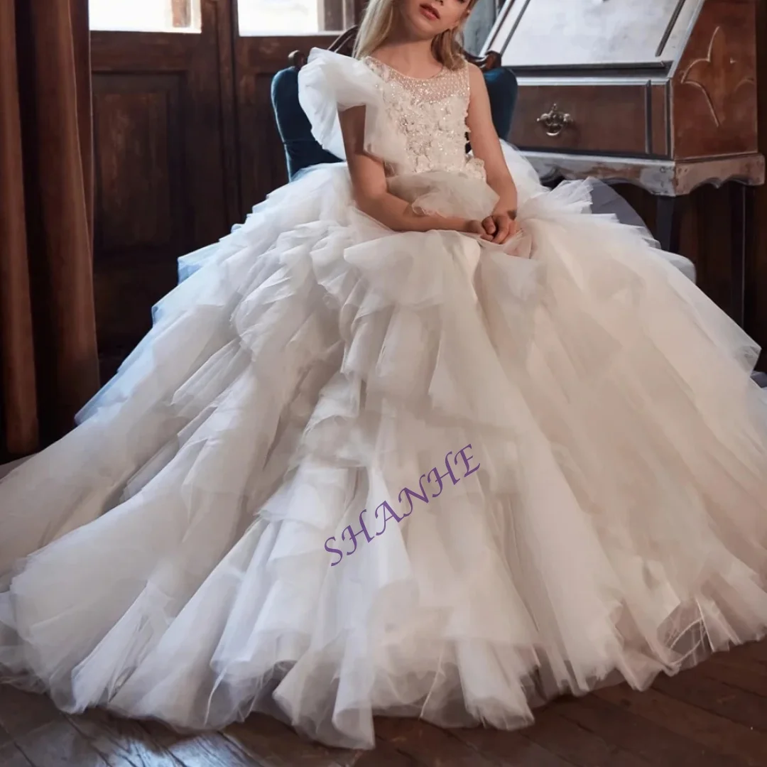 

Puffy Sequined Beaded Princess Gown For Kids Stage Performance Luxurious Lace Appliques Tulle Girls Dresses Party Wear On Sale
