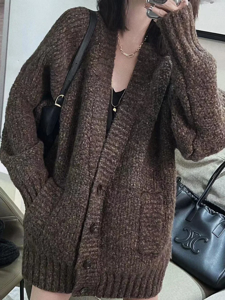 

Женский вязаный кардиган больших размеров (до 300 фунтов) с V-образным вырезом, осенне-зимний, новая корейская версия, теплый свитер-пальто