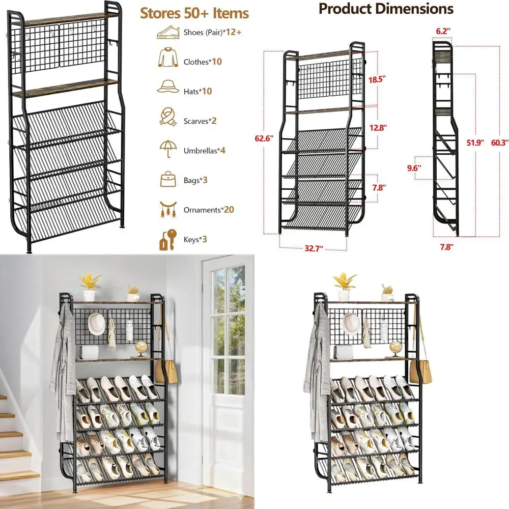 

6-уровневый органайзер для обуви с крючками, тонкое металлическое хранилище для обуви для прихожей, вмещает 12 пар, идеально подходит для прихожей и грязевой комнаты