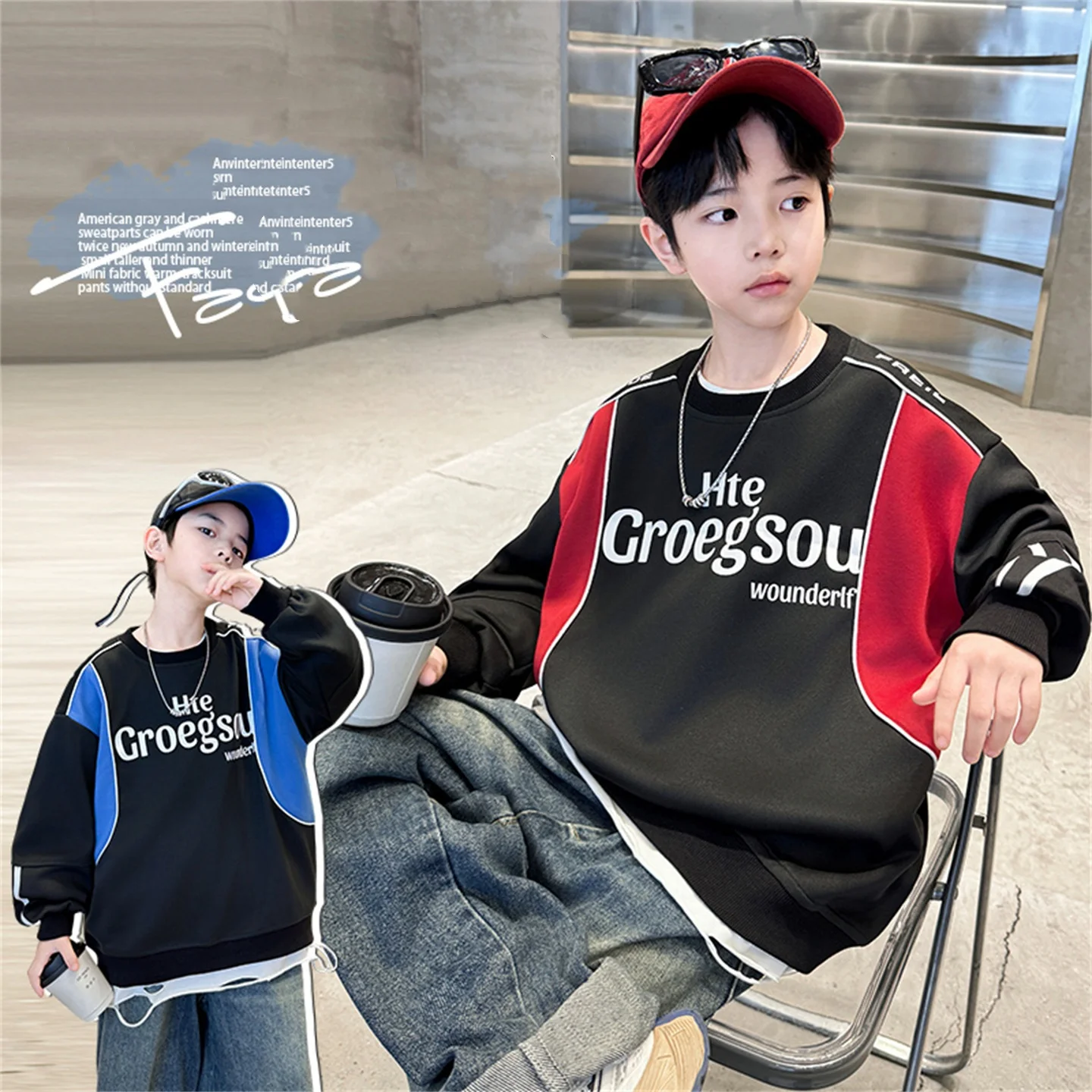 

Boy Hoodie Age 4-14Y Kid Vintage Letter Printed Sweatshirt European Style Child Spring Autumn Casual Fashion Patchwork Pullover