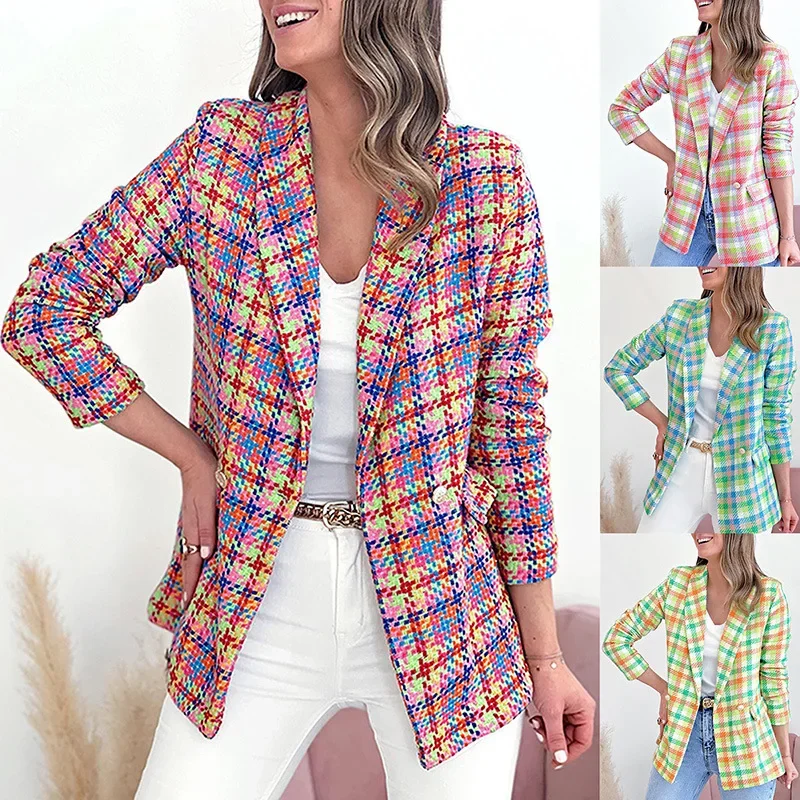 202 Europe, America, autumn and winter new plaid print long sleeve pocket two buttons leisure suit coat women YBF27-3