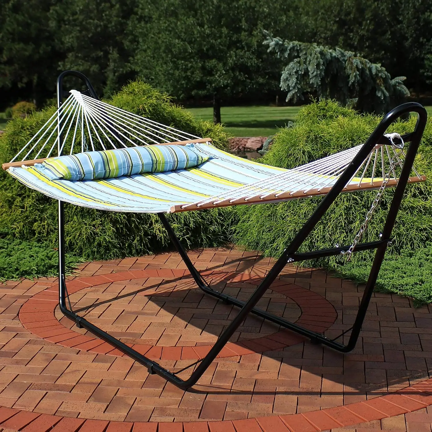 Double Quilted Fabric Hammock with Universal Steel Stand - 450-Pound Capacity - Black Stand - Blue and Green