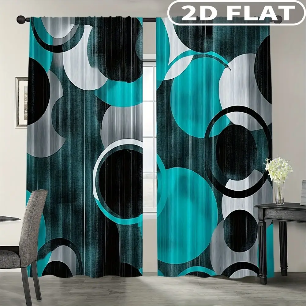 

2pcs Curtains Teal Black White Circles Pattern for Balcony, Bedroom, Study, Living Room, for Spring & Summer Machine Washable