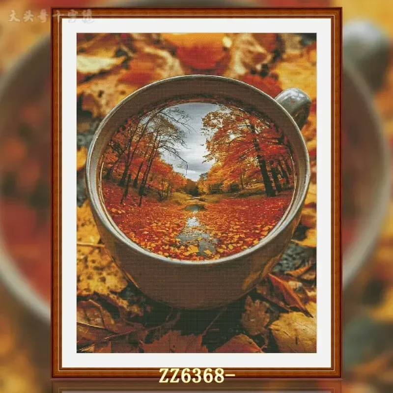 [ZZ6368-Landscape in Autumn Cup] Stamped Cross Stitch Kit 14CT 16CT Printed Canvas Cotton Threads DIY Embroidery Home Wall Decor