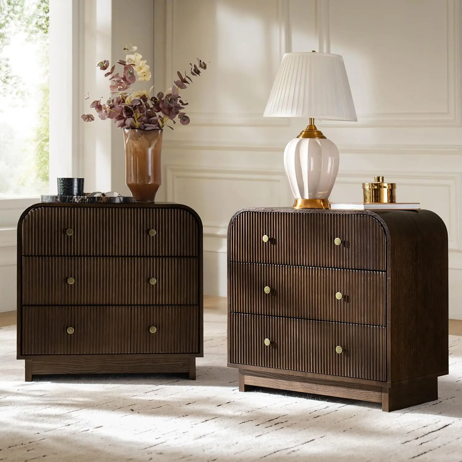 

Fluted Storage End Tables Set of 2 with Charging Station,3 Drawer Wood Side Tables with Solid Wood Legs, Easy Assembly, Walnut