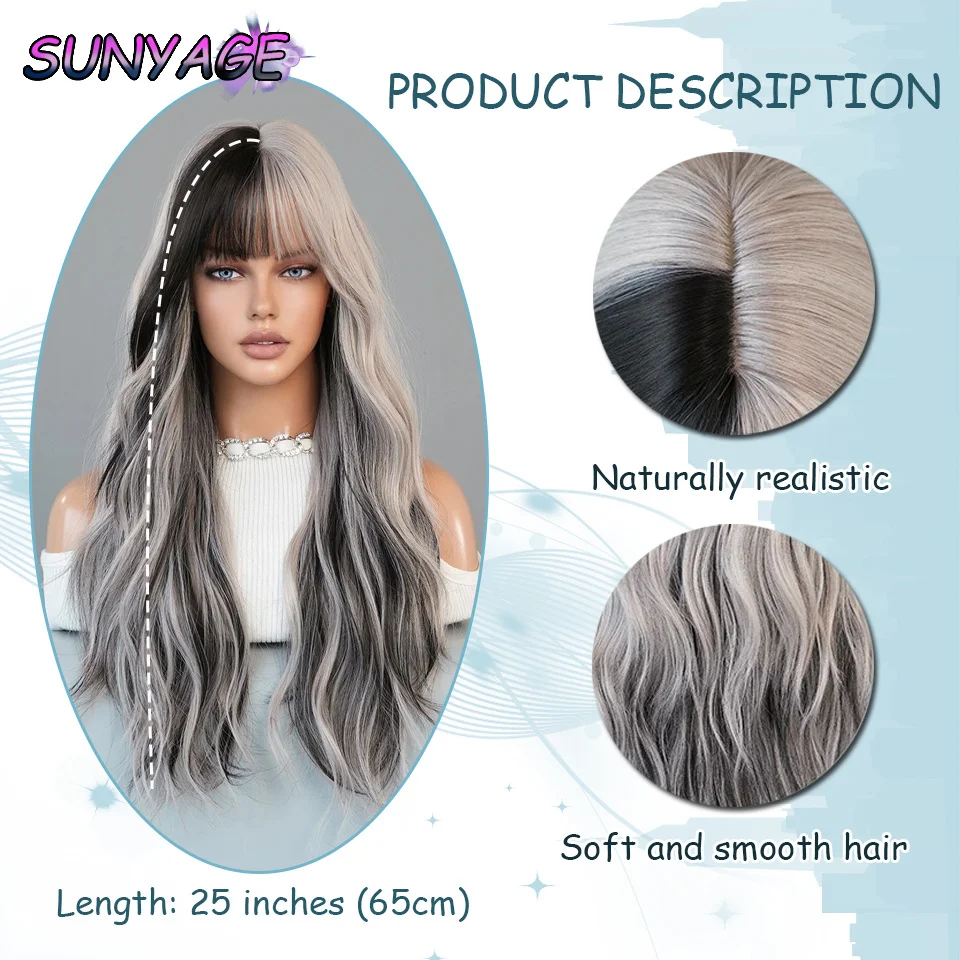 SUNYAGE wig gradien berbentuk gelombang, penutup kepala penuh gulung panjang, wig warna gradien harian, desain kepala penuh