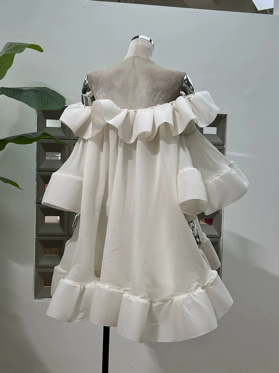 TWOTWINSTYLE Solid Sheer Spliced Ruffles Folds Mini Dresses for Women Slash Neck Long Sleeves Elegant Dress Female Clothing New