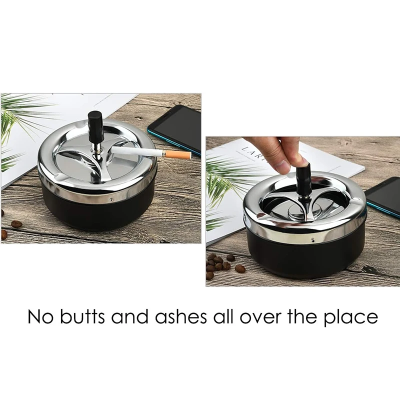 Round Push Down Ashtray Metal SpinningTray Easy to Clean Black Color Air Tight Bar Accessories