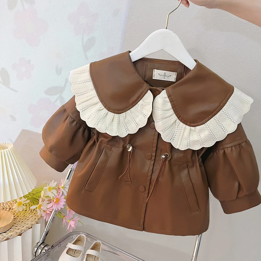 1-4T Baby\'s Solid PU Leather Jacket Baby Girls 2024 New Lace Edge Big Doll Collar Single Breasted Coat Drawstring Outerwear