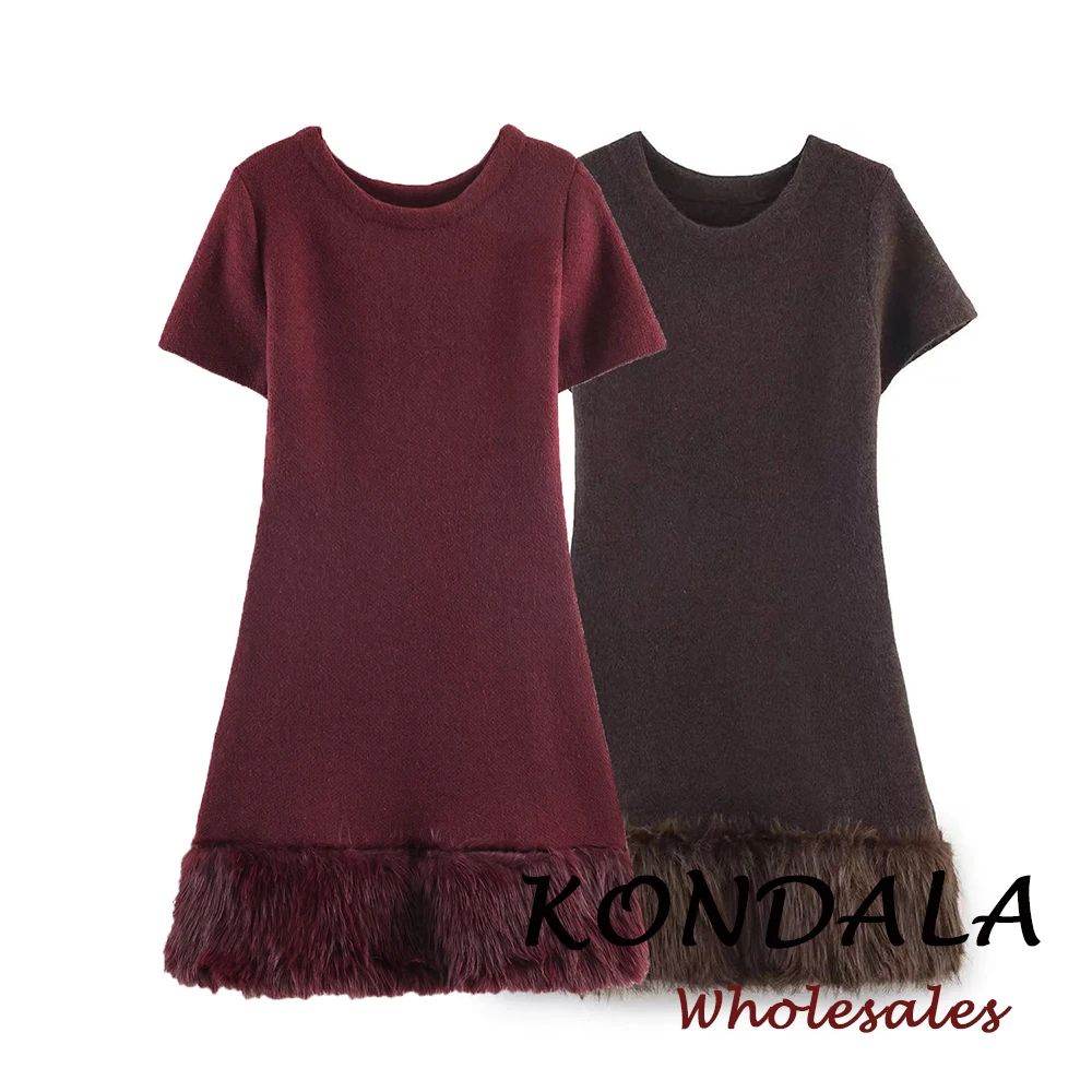 KONDALA Schickes Kunstpelz-Damenkleid Mode 2026 Frühling Patchwork Mini-Kleid Pullover Etuikleid Kurzarm Damen Quasten-Vestidos