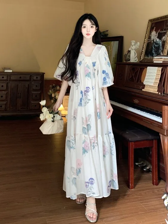 

plus Size Floral Print V-Neck A-Line Dress Women's Summer New Style Age-Defying Bubble Sleeve High Waist Long Dress