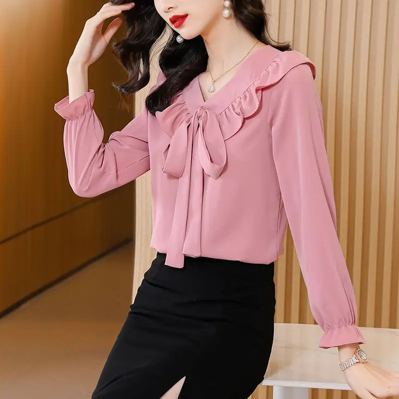 2023 Spring Autumn New Elegant Bow Solid Color Solid Color Long Sleeve Blouse Ladies Fashion Lacing Pullover Slim Women\'s Shirt