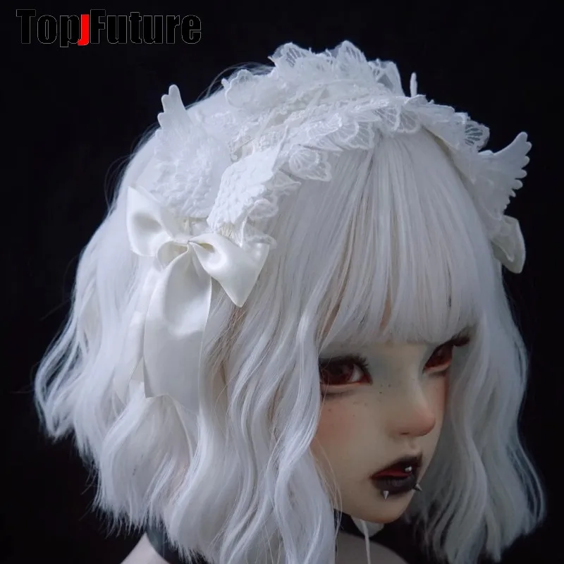 Kobiety Y2k Girl Gothic Lolita cosplay Harajuku Punk opaska do włosów obręcz do włosów czarne skrzydła anioła koronka gotycka Punk Lolita
