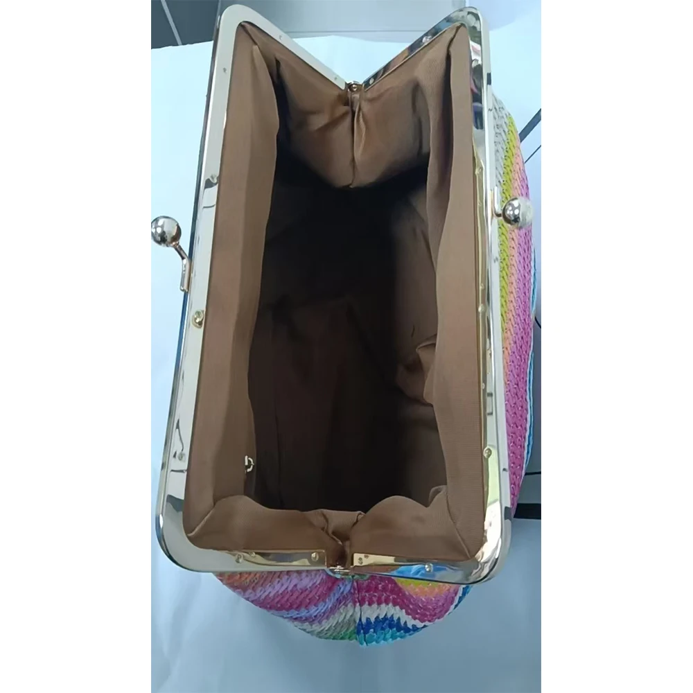 Rainbow Striped Clip Bags for Women Handbag Colorful Kisslock Straw Bag NEW Woven Beach Shoulder Bag Summer Cloud Dumpling Bags