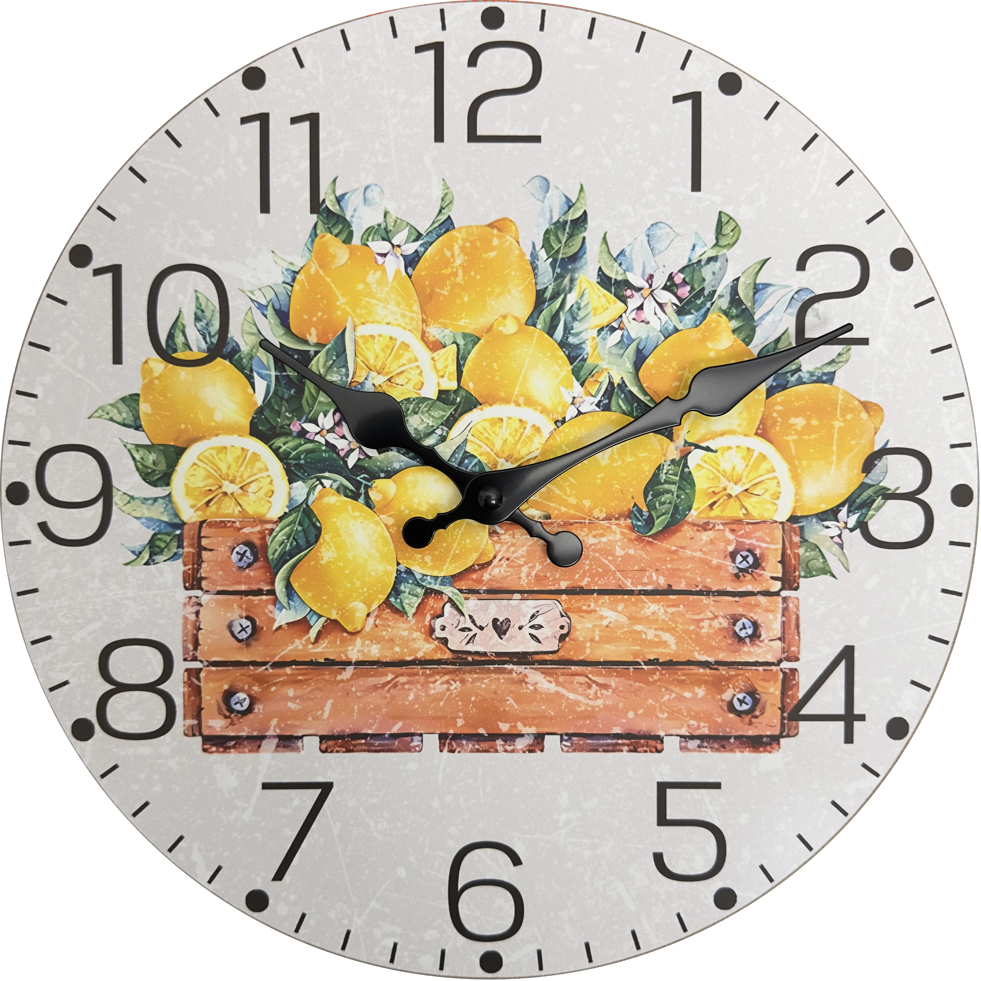 Modische und frische gelbe Zitronenmuster-Holzwanduhr für Wohnzimmer, Schlafzimmer, Küche, Heimdekoration, Stille Quarzuhr, Weihnachtsgeschenk, 25,4 cm, 30,5 cm, 40,6 cm (ohne Batterien)