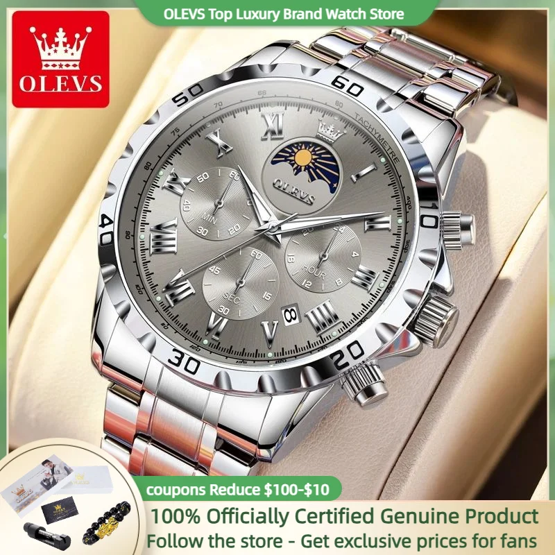 OLEVS Quartz Watches for Men Classic Original Moon Phase Waterproof Fashion Watch Stainless steel Roman Scale Men\'s Wristwatches