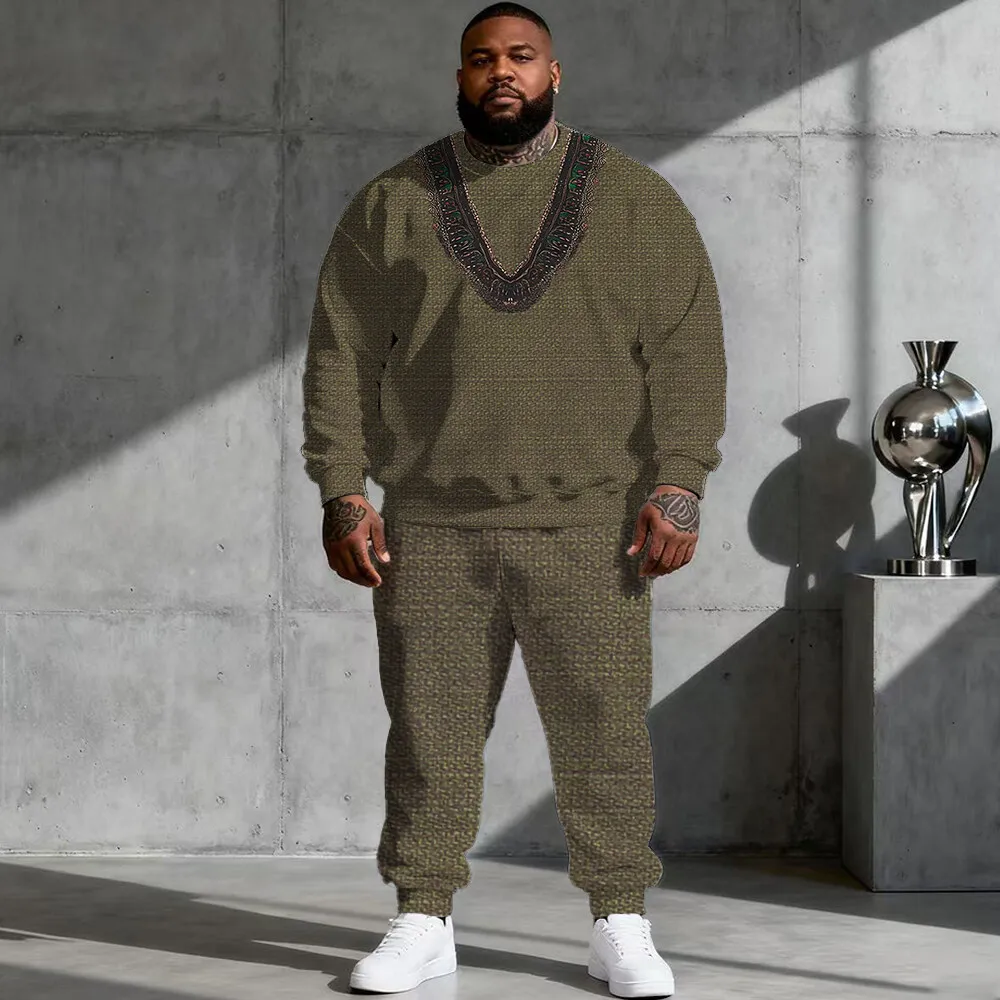 

S-9xl plus size Big & Tall Hoodie Set with Ethnic Vibe - 2-Piece Trendy-Folk, Breathable Material, Retro Tribal Designs